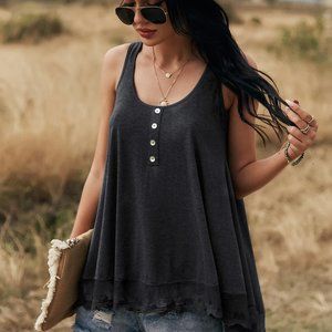 Women Scoop Neck Sleeveless Button Up Solid Loose Fit Lace Ruffled Tank Top